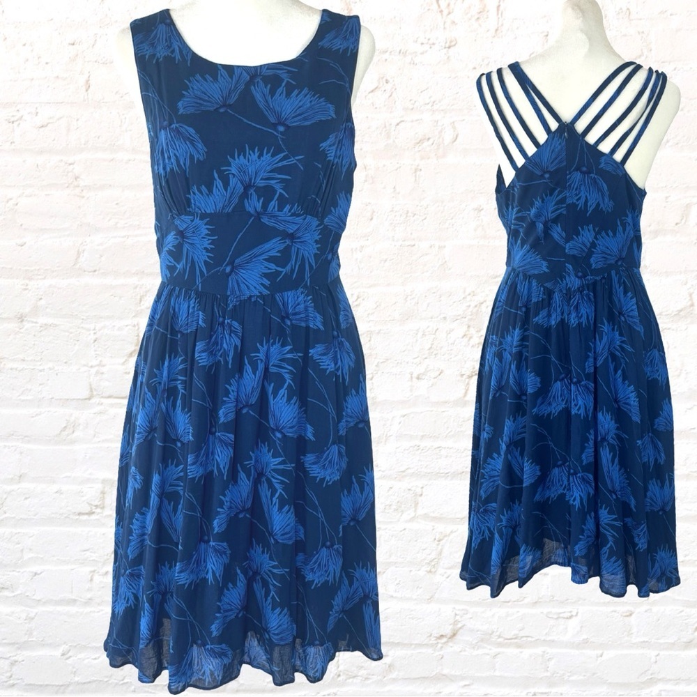 Maple  Blue Tropical Floral Mini Dress with Strappy Back Detail Size 6